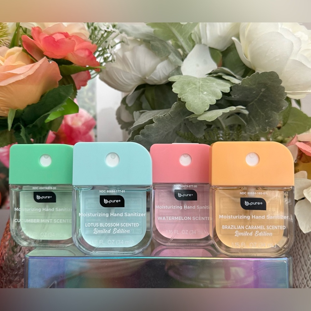 🆕🪷 VIRAL b•pure LIMITED EDITION MOISTURIZING HAND SANITIZER 4 PIECE SET. NEW!